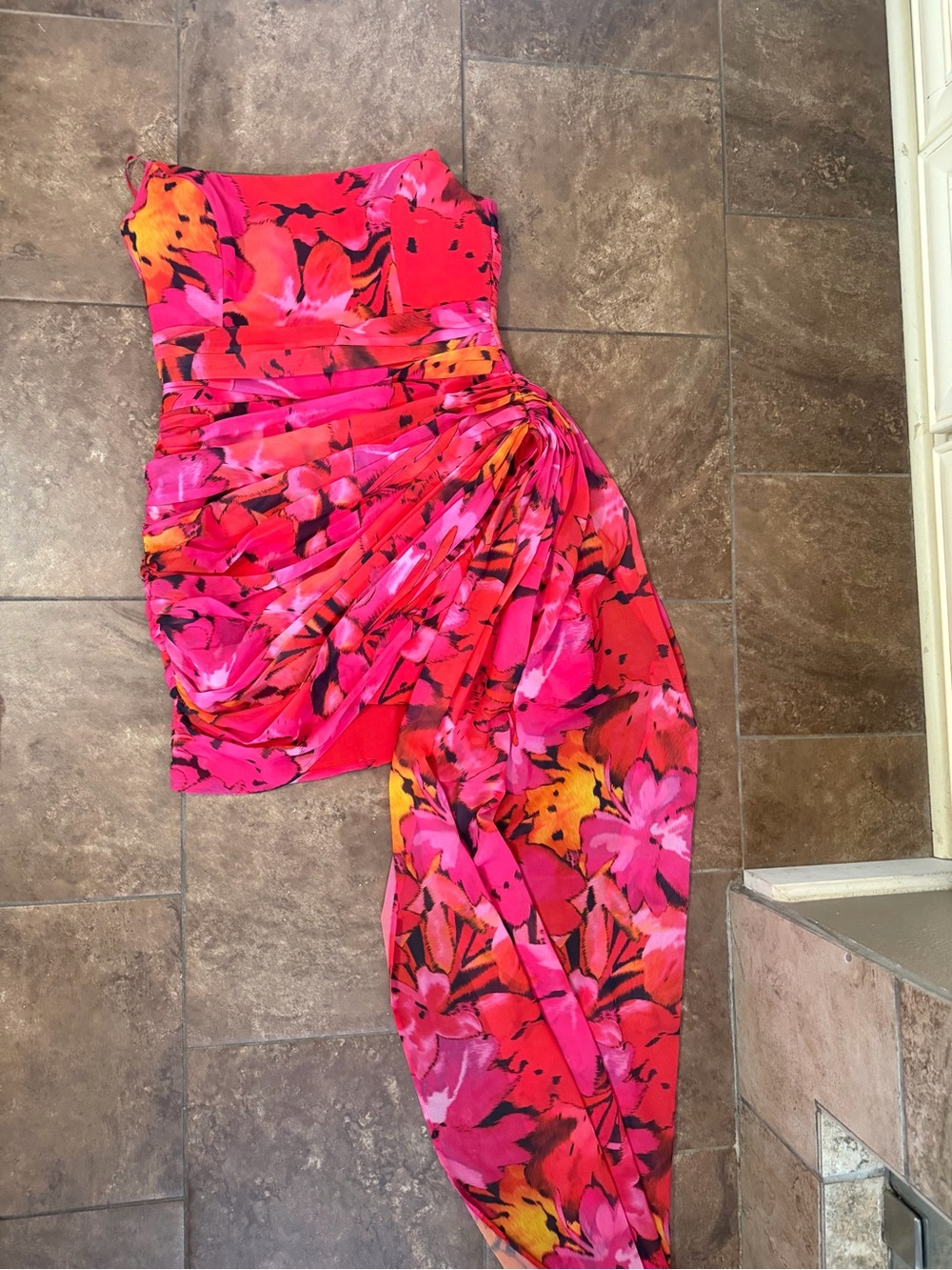 Vibrant Floral One-Shoulder Dress in Hot Pink & Red